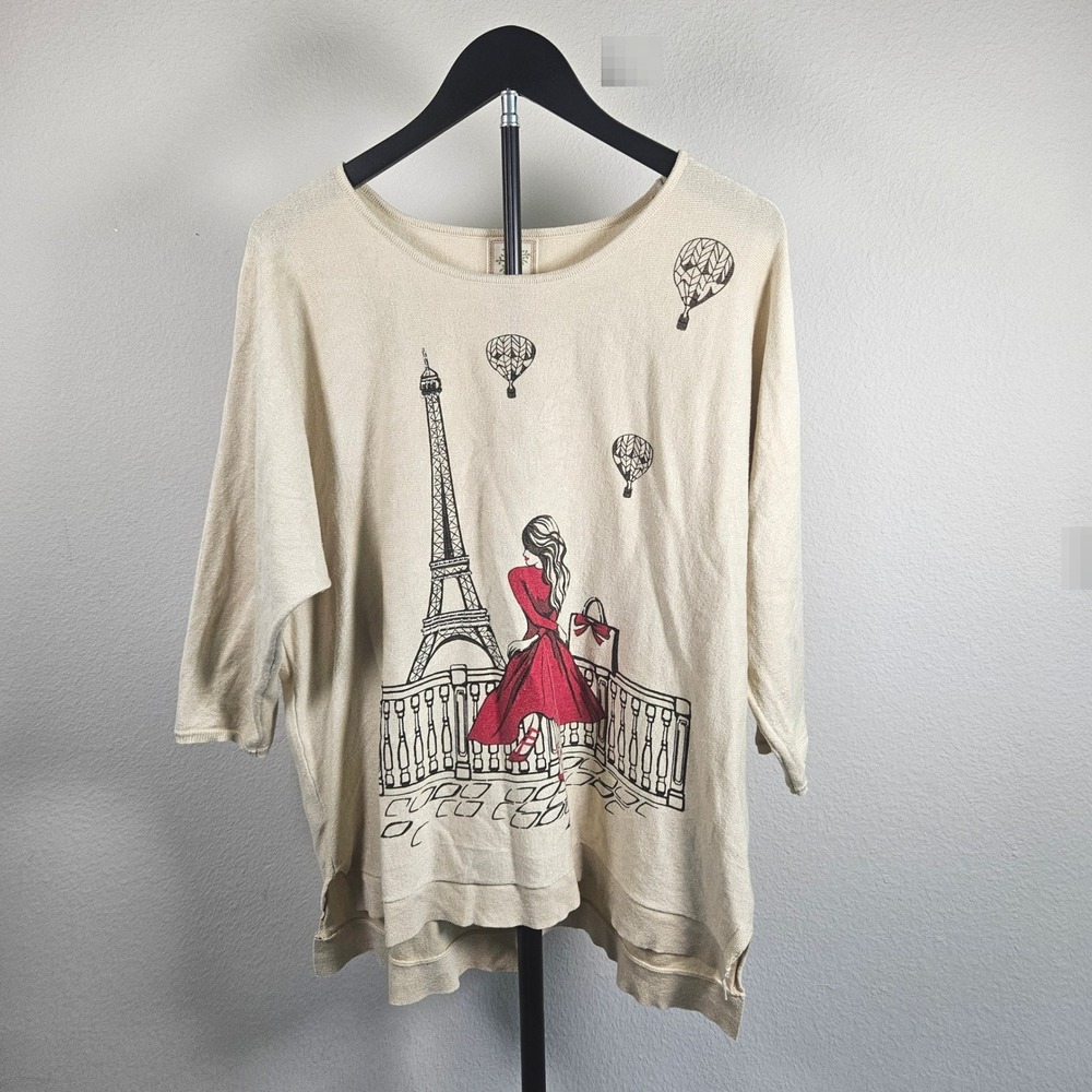 Colortree Eiffel Tower Top Women XL Beige Rhinestone Paris Graphic Whimsical